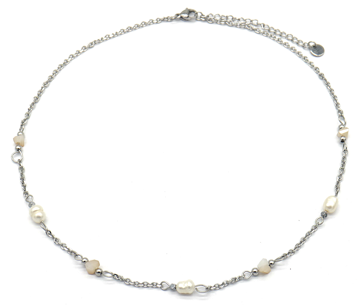 E-C2.3 NA221-102S S. Steel Neckalce Glass Beads -Freshwater 