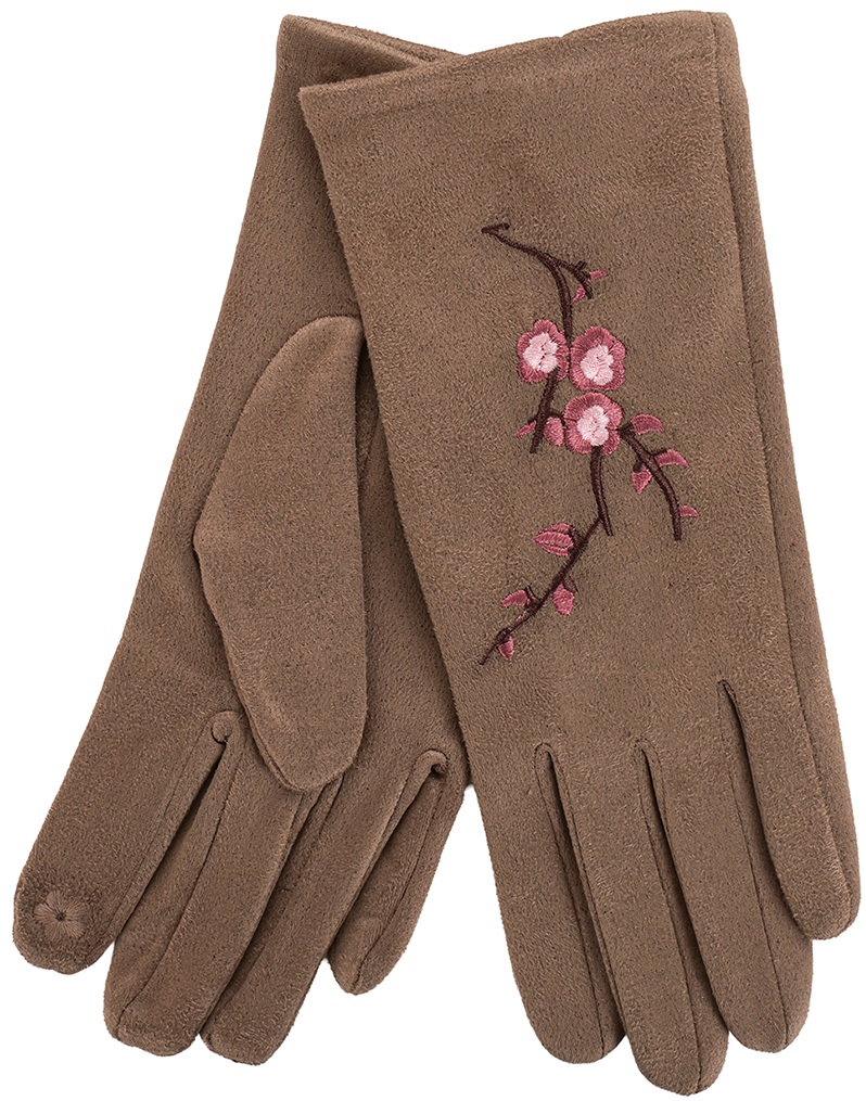 X-C4.1   GLOVES704-021-5 Gloves Embroidered Flowers Brown