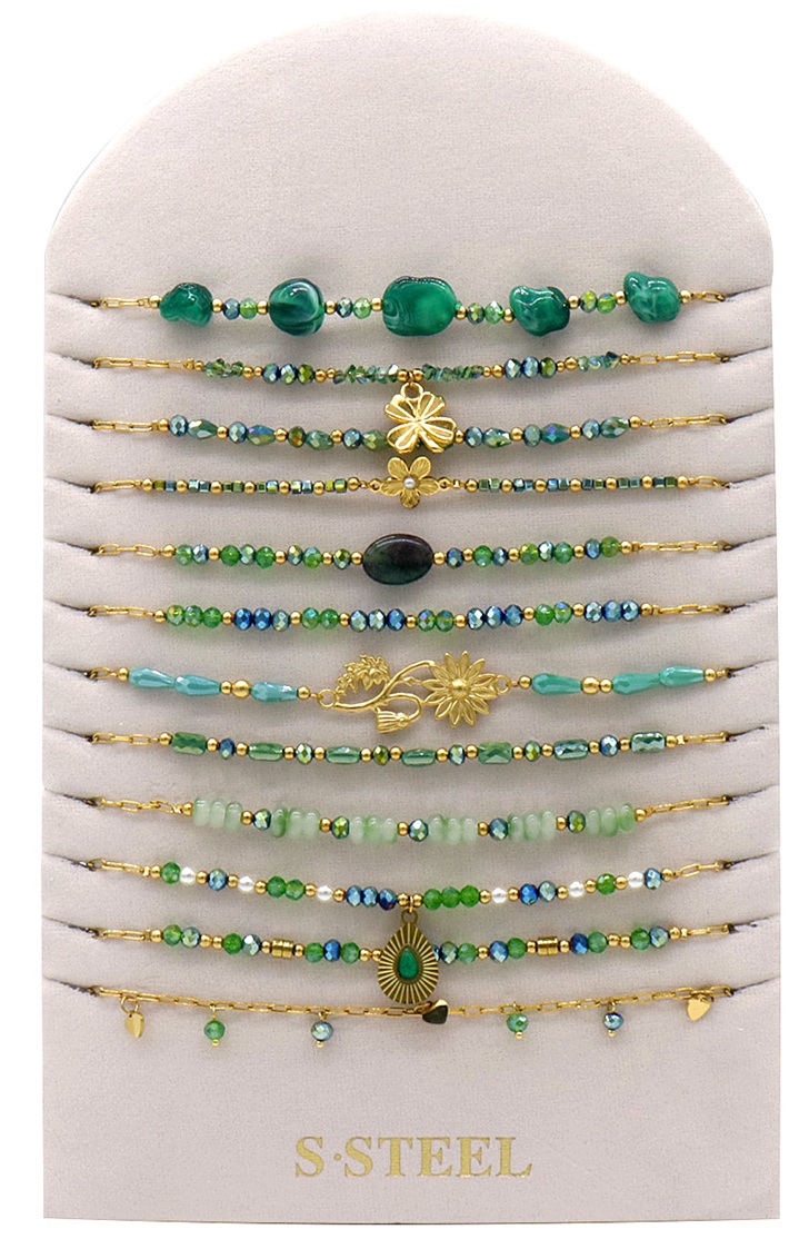 X-G10.2 N1144-007-3 S. Steel Necklace Set on Display - 12pcs Green