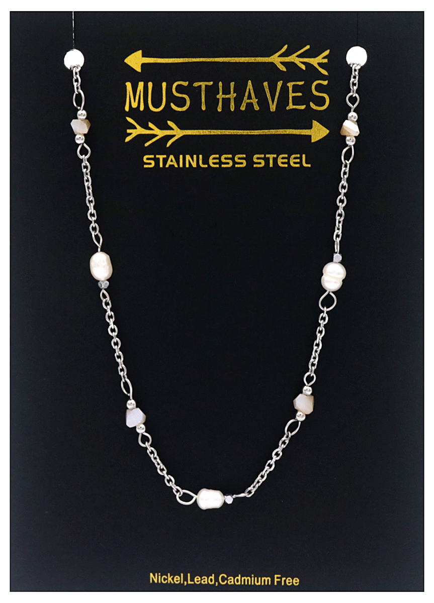 E-C2.3 NA221-102S S. Steel Neckalce Glass Beads -Freshwater 
