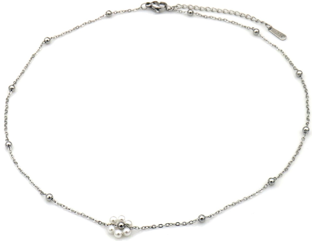 E-E4.4 N2616-010S S. Steel Necklace Flower Pearls 40-45cm
