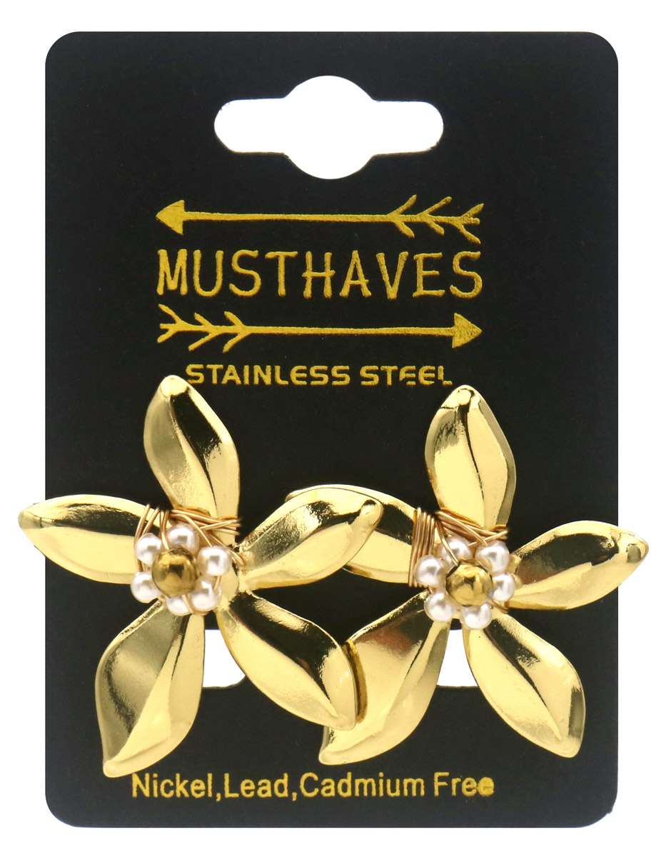 C-F4.5 E1144-002-6 S. Steel Earrings Flower 3.5cm Pearls