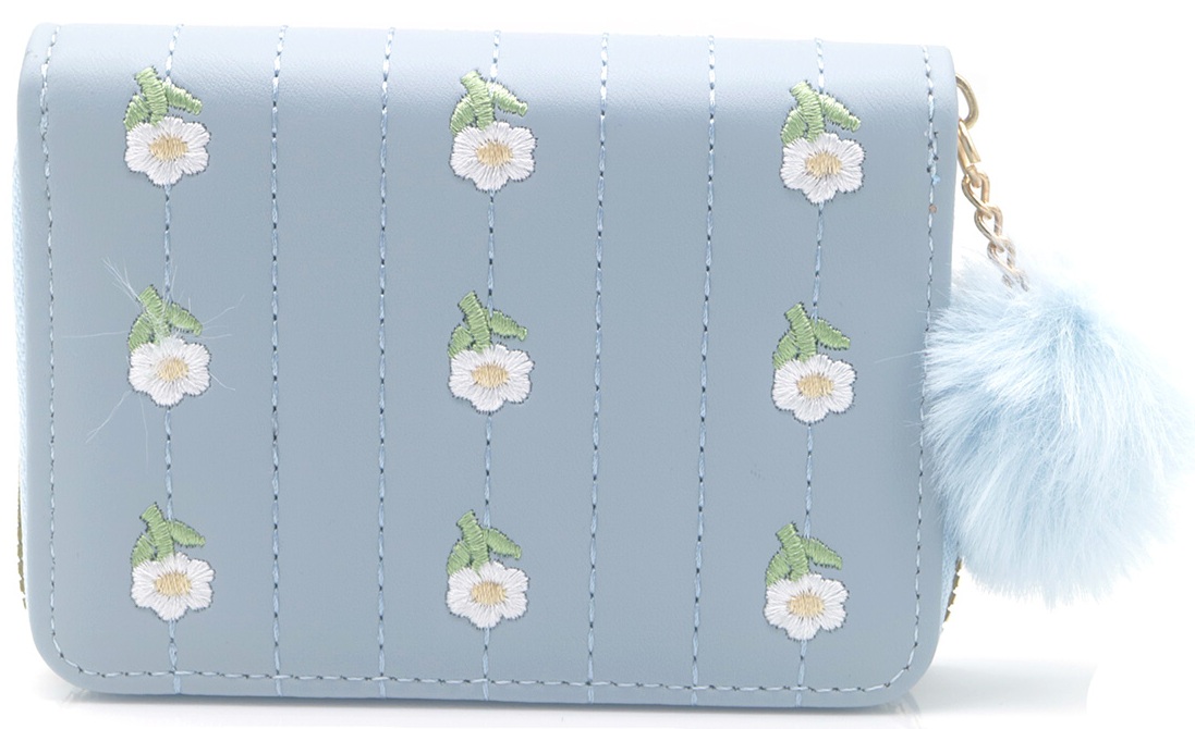 X-H9.2 WA009-019-2 PU Wallet Embroidered Flowers 12x9cm  - Blue