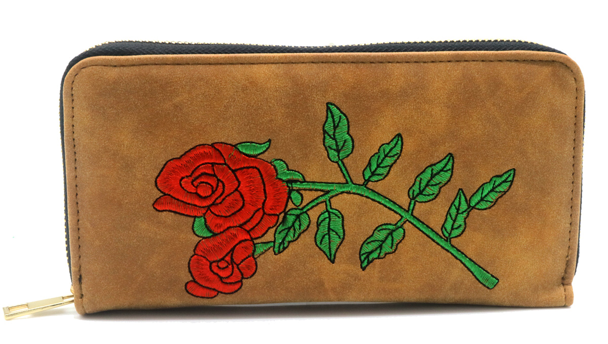 X-P9.3 WALLET1019-003-4 Pu Wallet Roses Embroidery 20x10x2.5cm Brown