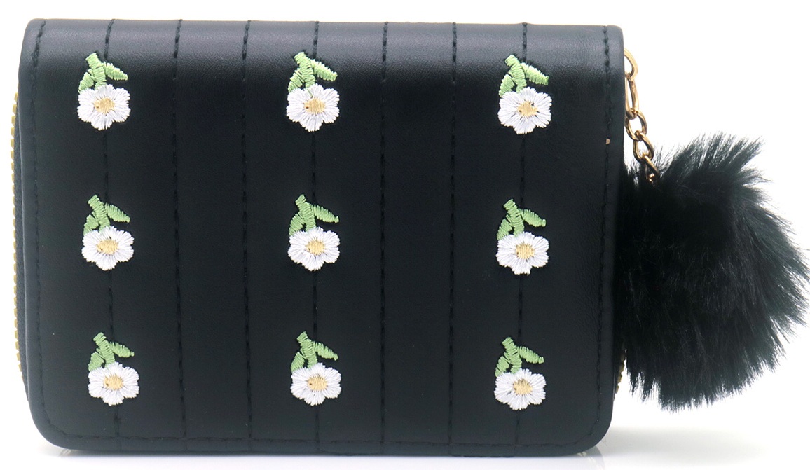 X-L8.1 WA009-019-1 PU Wallet Embroidered Flowers 12x9cm  - Black