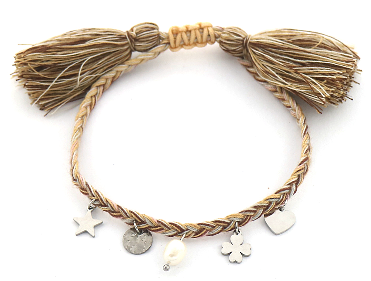 B-C10.1 B220-033S S. Steel Rope Bracelet with Charms and Pearl Brown-Silver