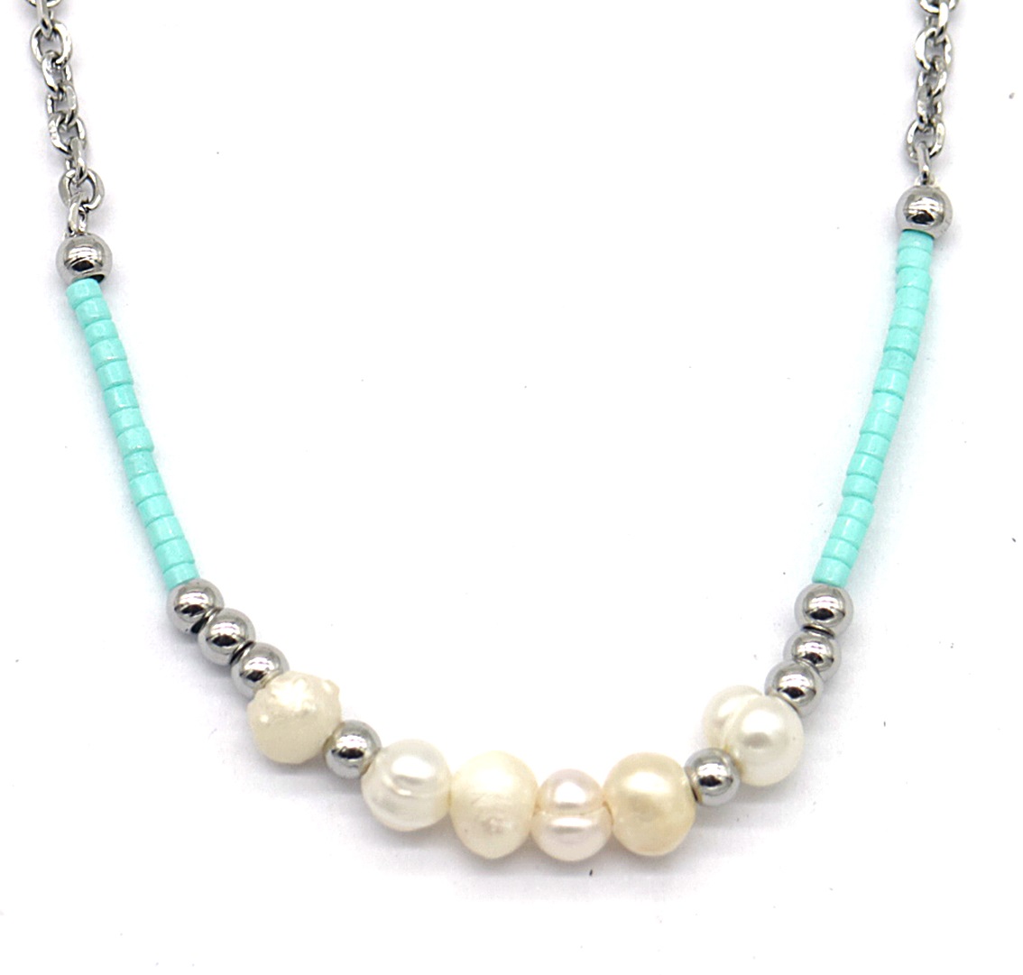 C-B2.2 NA221-103S S. Steel Necklace Glassbeads Freshwater Pearls 40-45cm