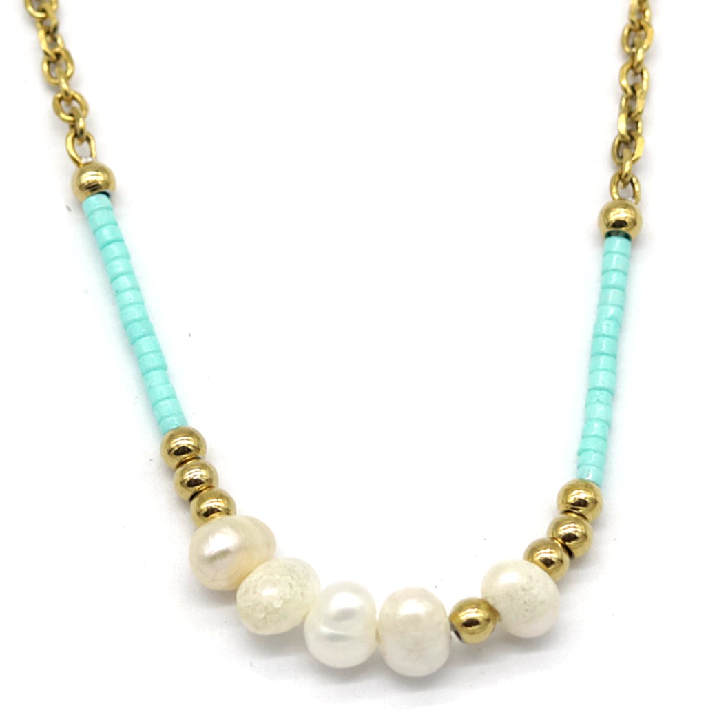 I-A10.1 NA221-103G S. Steel Necklace Glassbeads Freshwater Pearls 40-45cm