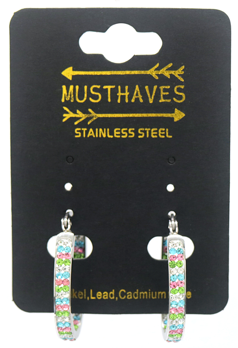A-B15.2 E041-011S S. Steel Earrings Double Crystals 2.8cm Multi