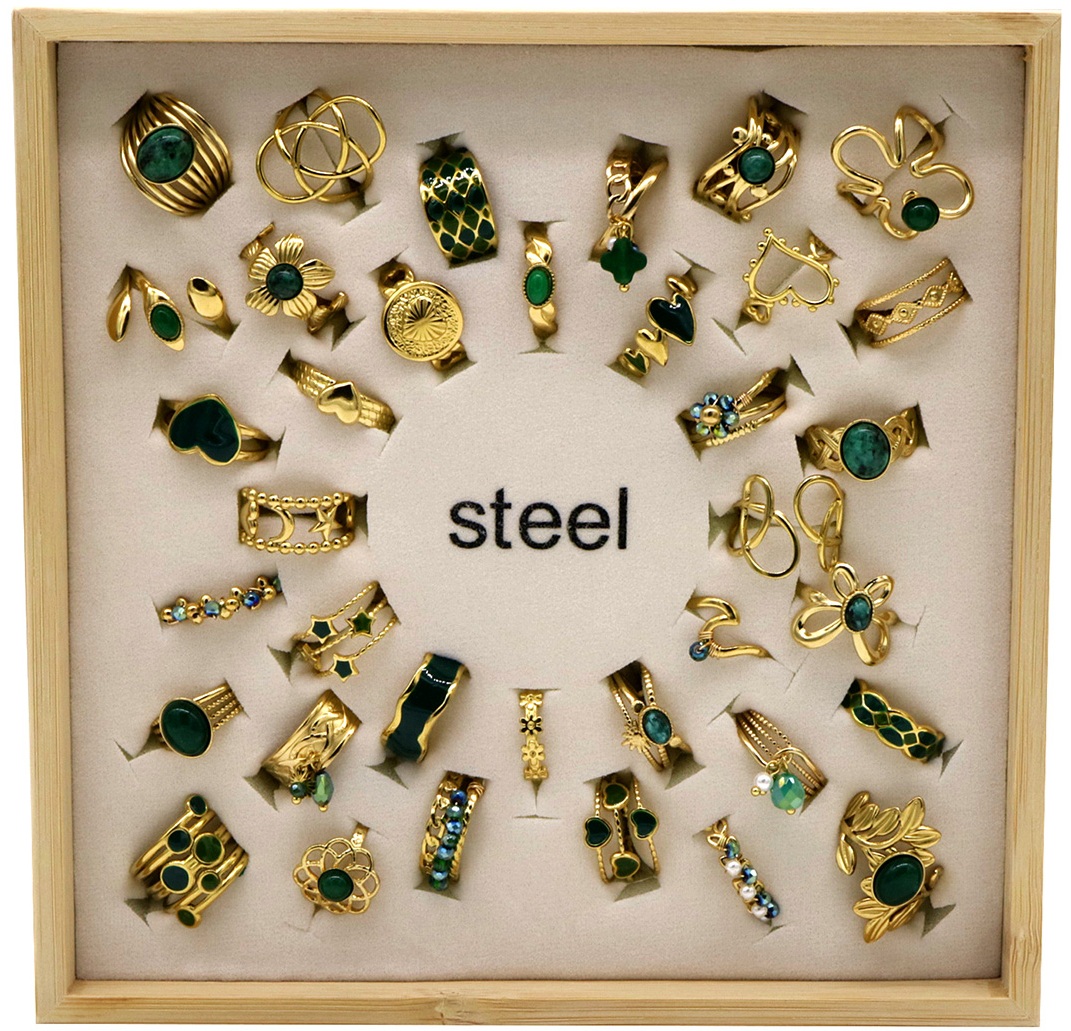 E-D1.2 R1144-006-3 S. Steel Rings Adjustable in Display - 36pcs Green