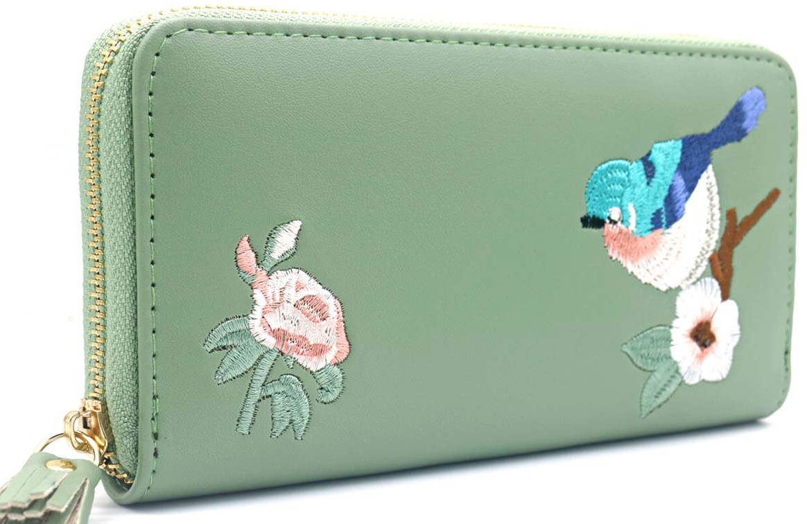 R-O4.1 W804-005-4 PU Embroidered Wallet 20x11x2.5cm Green