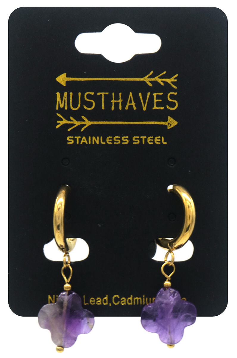 D-C7.4 E2435-004-3 S. Steel Earring Stone Clover 3cm Purple