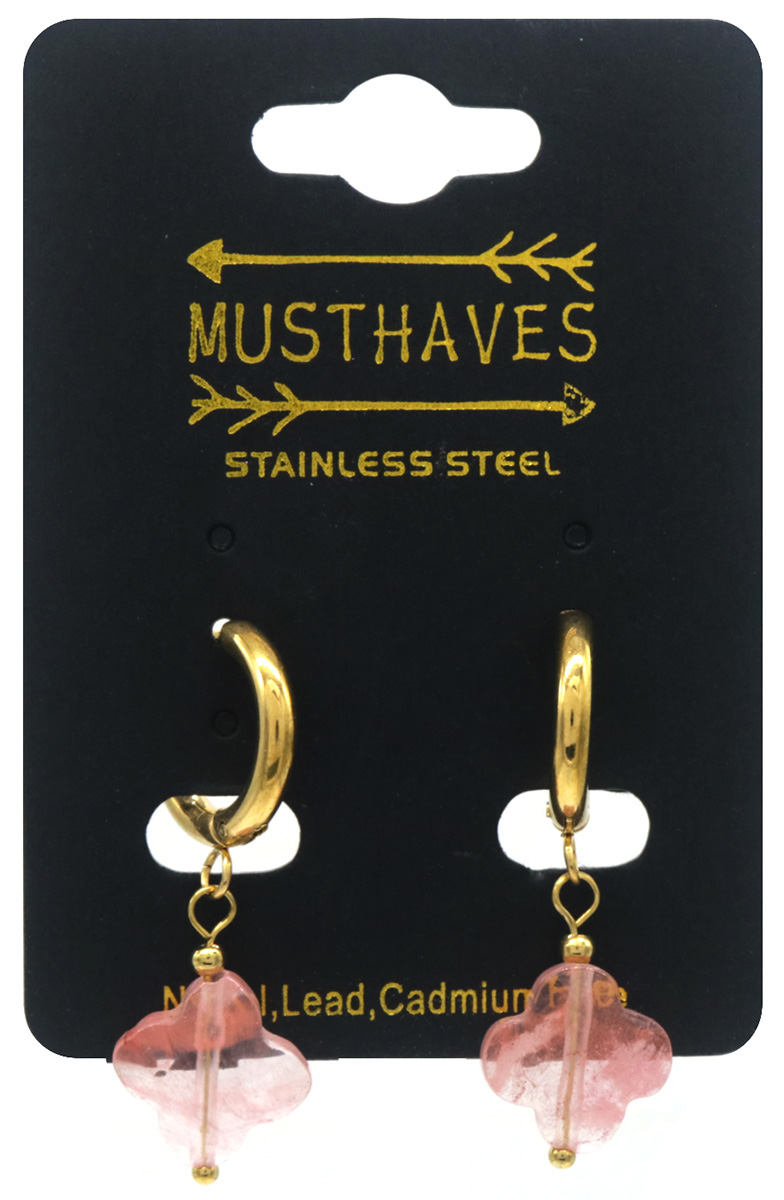 E-E19.4 E2431-058-1 S. Steel Earring Stone Clover  3cm Pink