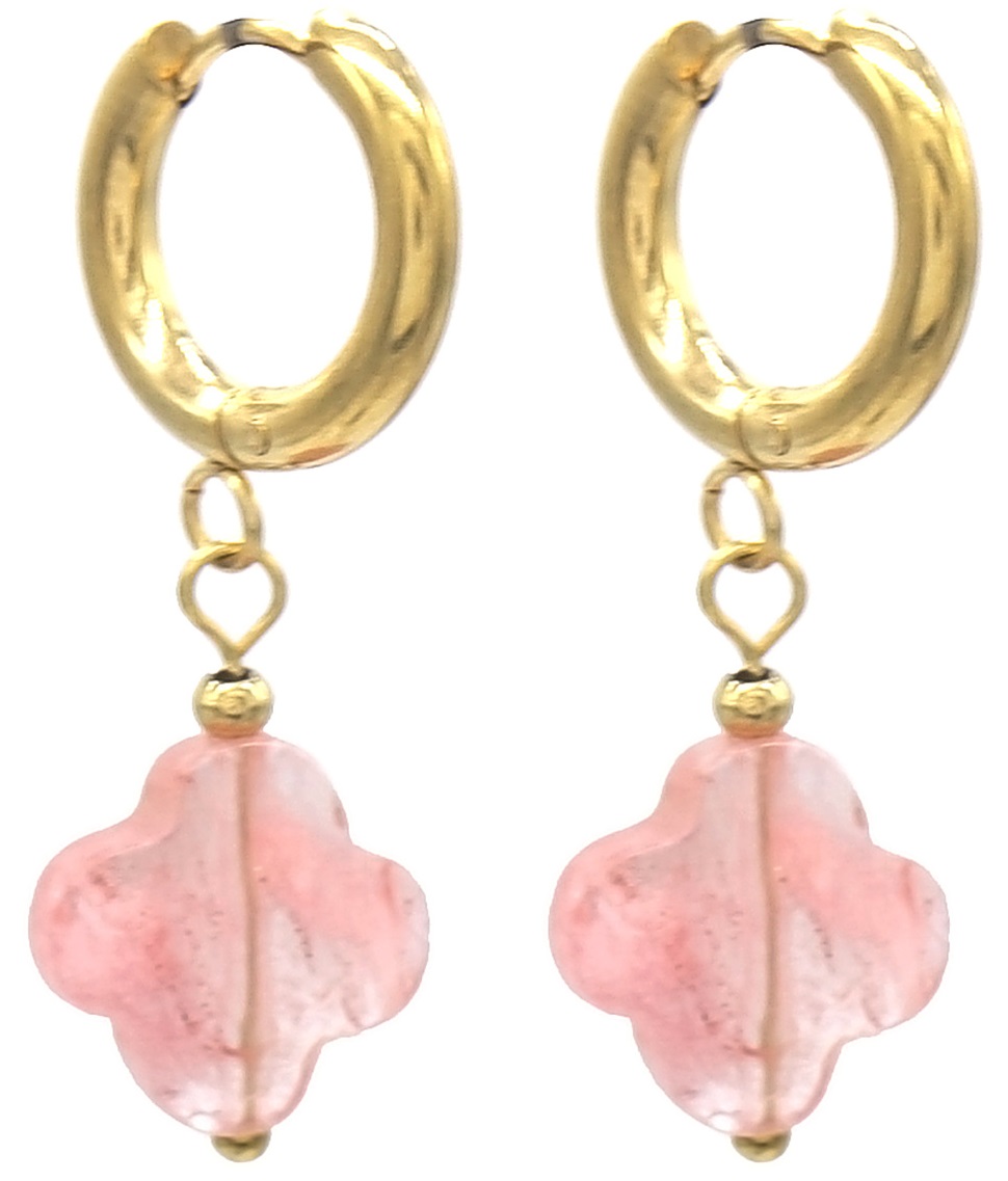 E-E19.4 E2431-058-1 S. Steel Earring Stone Clover  3cm Pink