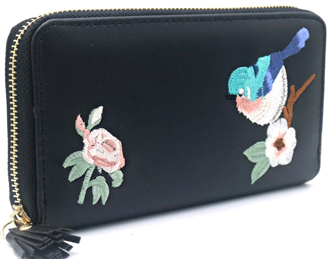 R-O7.1 W804-005-5 PU Embroidered Wallet 20x11x2.5cm Black