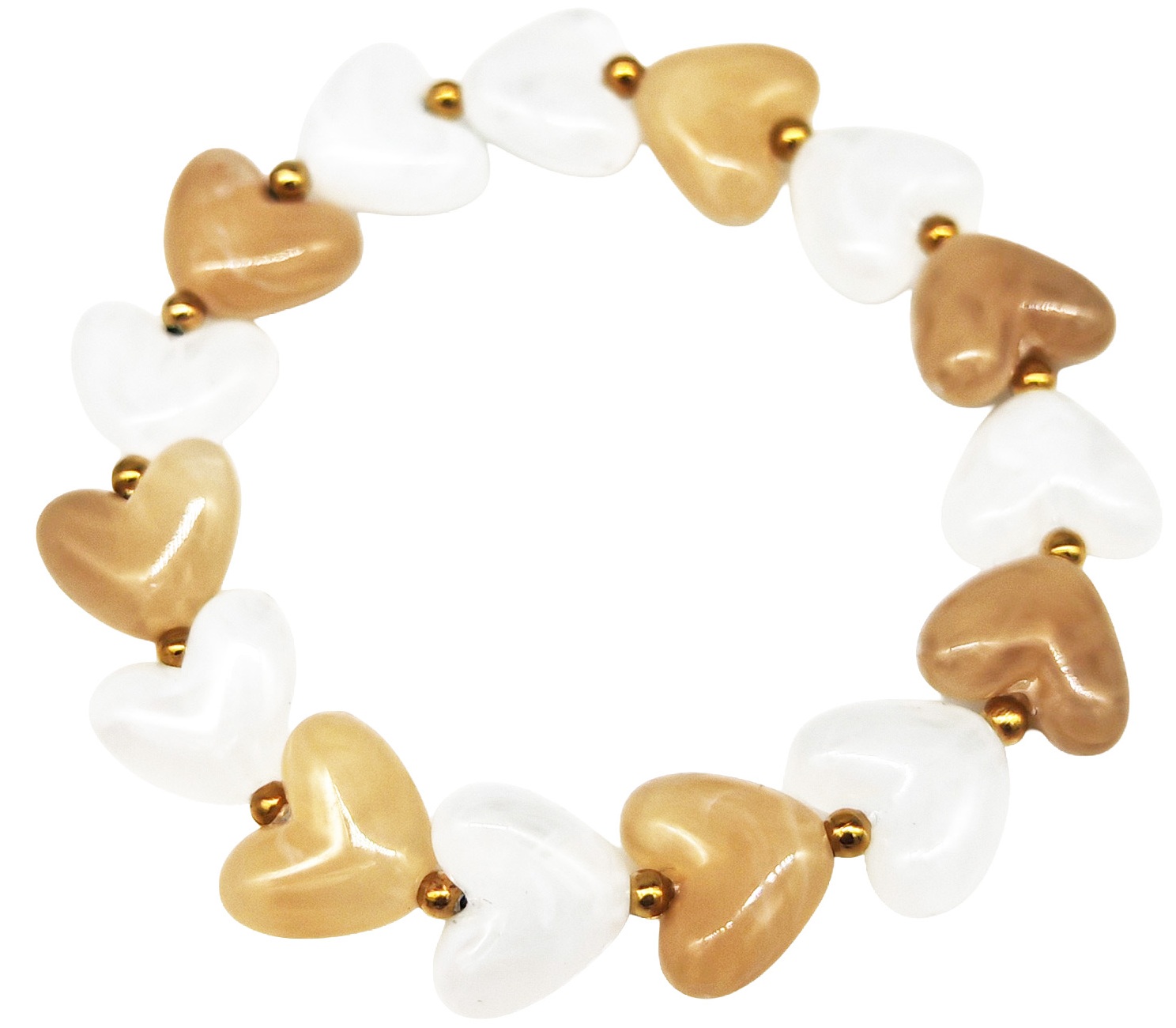 H-E19.5 B1144-006-5  Elastic Bracelet Hearts S. Steel Beads - Brown-White