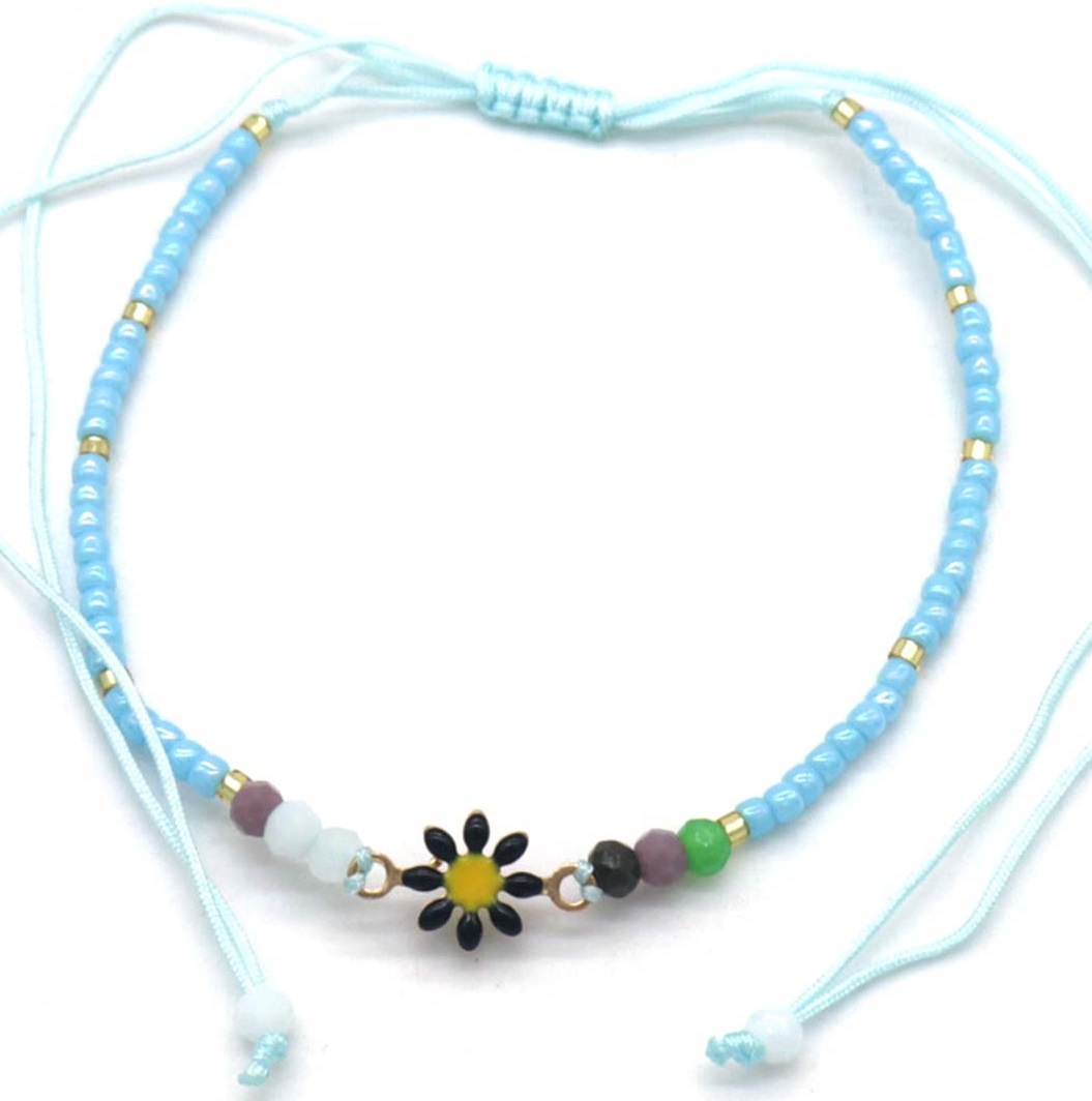 F-D5.2  ANK830-008-10 Anklet Glassbeads Flower Blue