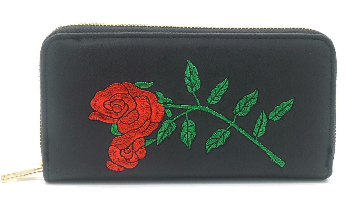 X-P2.1  WALLET1019-003-1 Pu Wallet Roses Embroidery 20x10x2.5cm Black