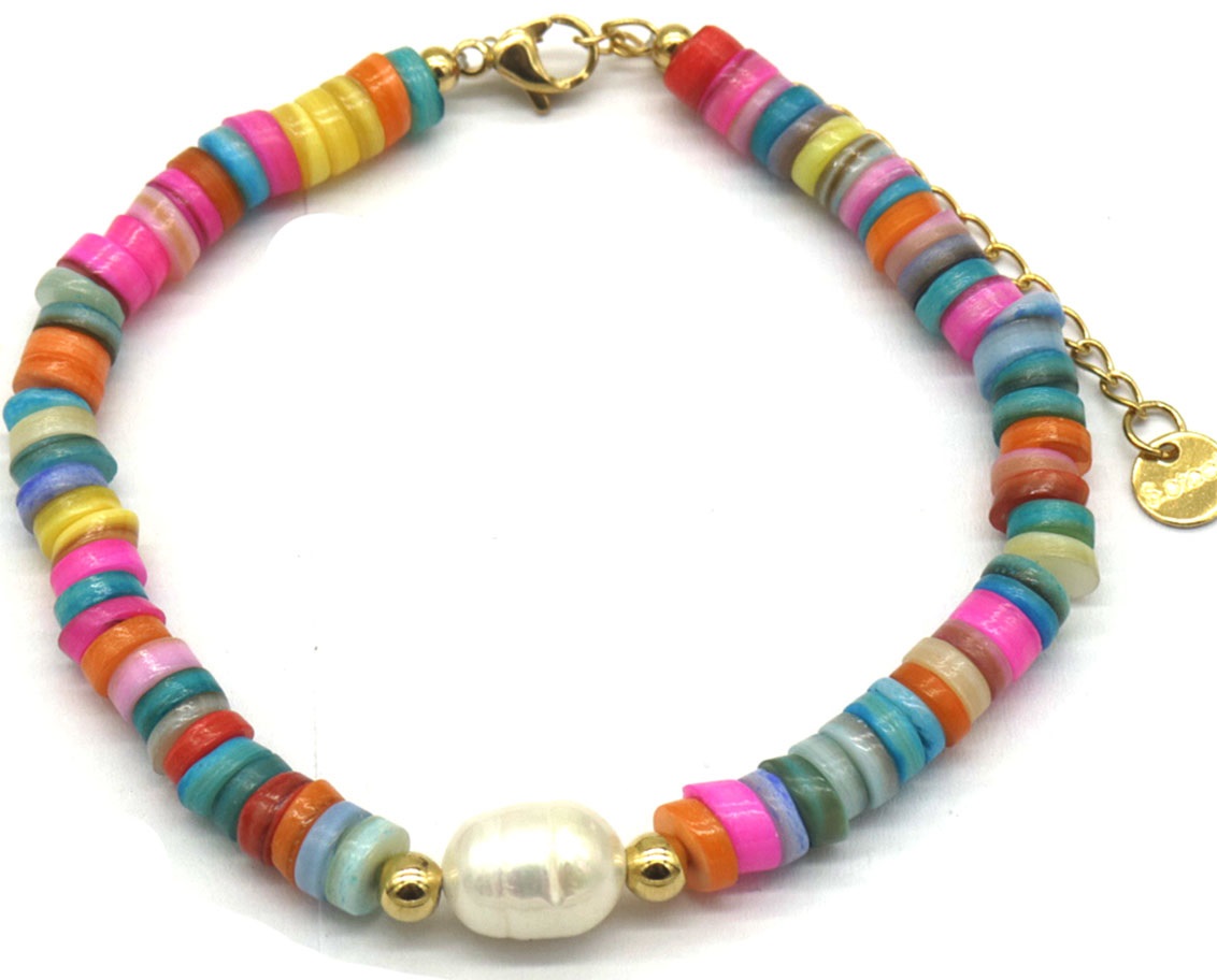 A-E4.1 B626-003 S. Steel Bracelet Shells-Pearl Multi