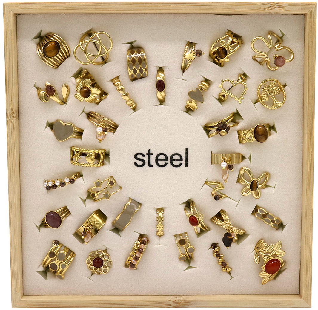 E-C24.1 R1144-006-4 S. Steel Rings Adjustable in Display - 36pcs Brown