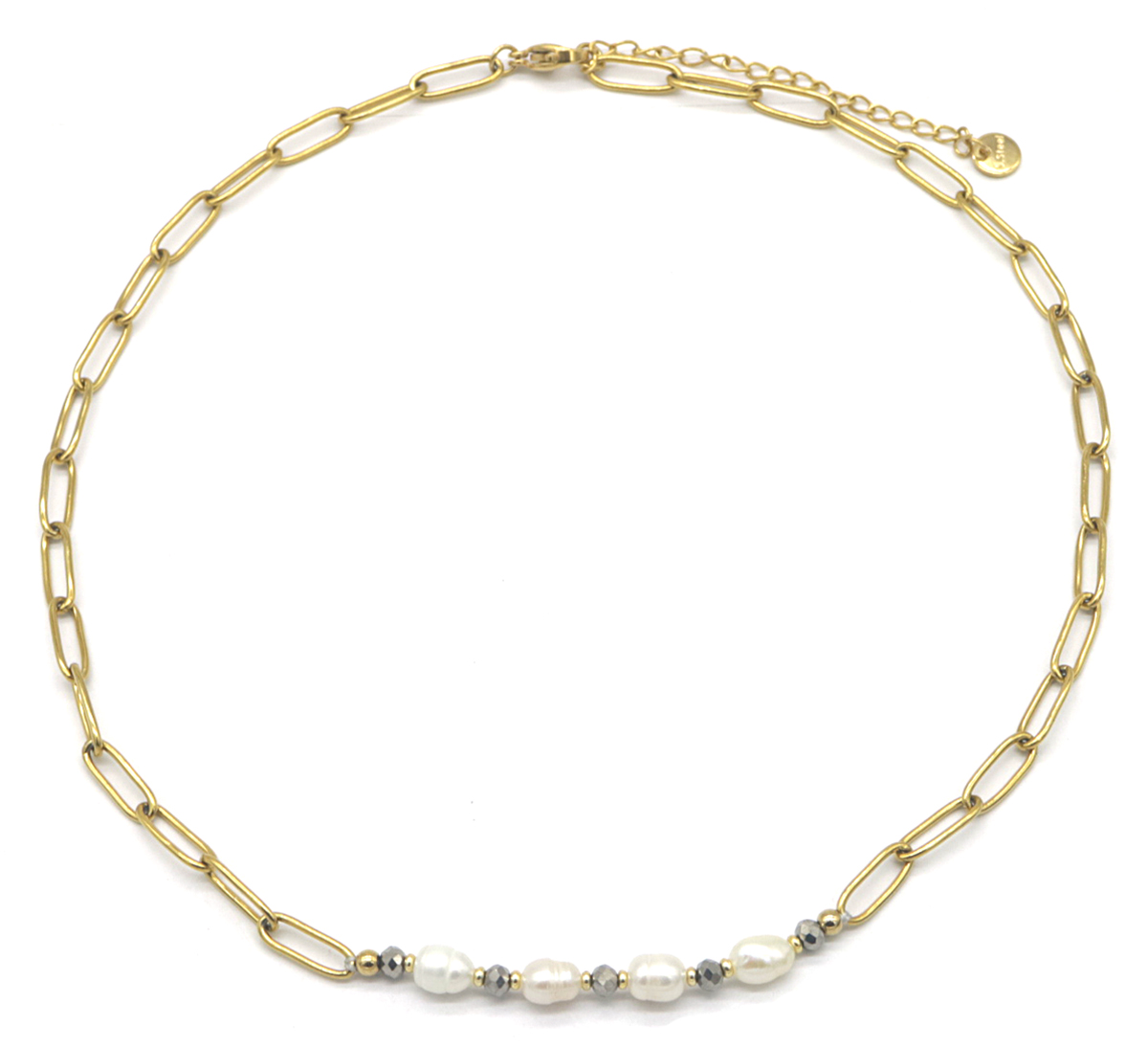 E-D8.3 NA221-111G S. Steel Neckalce Glass Beads -Freshwater Pearls