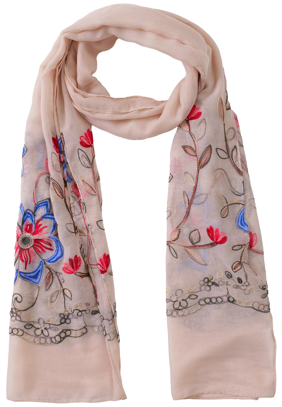 Q-I2.1 SCARF1110-033-2 Scarf Embroidered Flowers 180x70cm - Beige