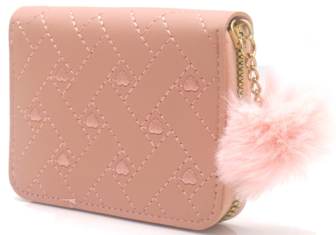 X-I2.2 WA009-011-4 PU Wallet Embroidered Hearts 12x9cm - Pink