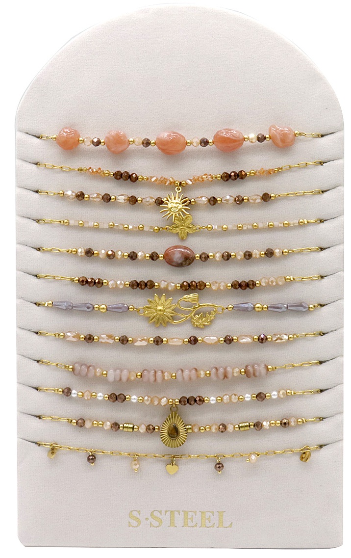 G-A25.1  N1144-007-4 S. Steel Necklace Set on Display - 12pcs Brown