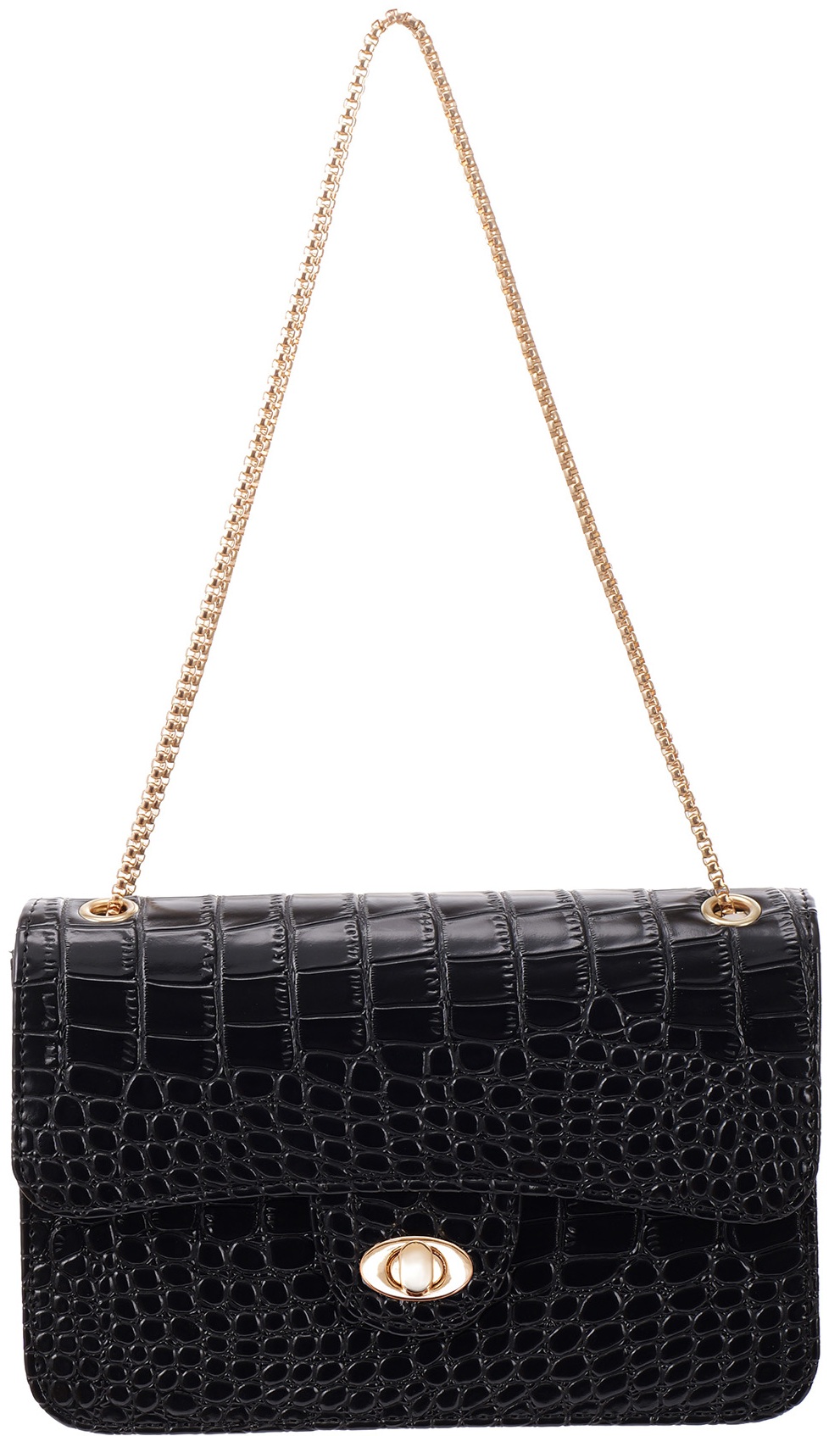 R-E3.2 BAG1117-005-6 PU Bag Faux Crocodile 27x17x7.5cm Black