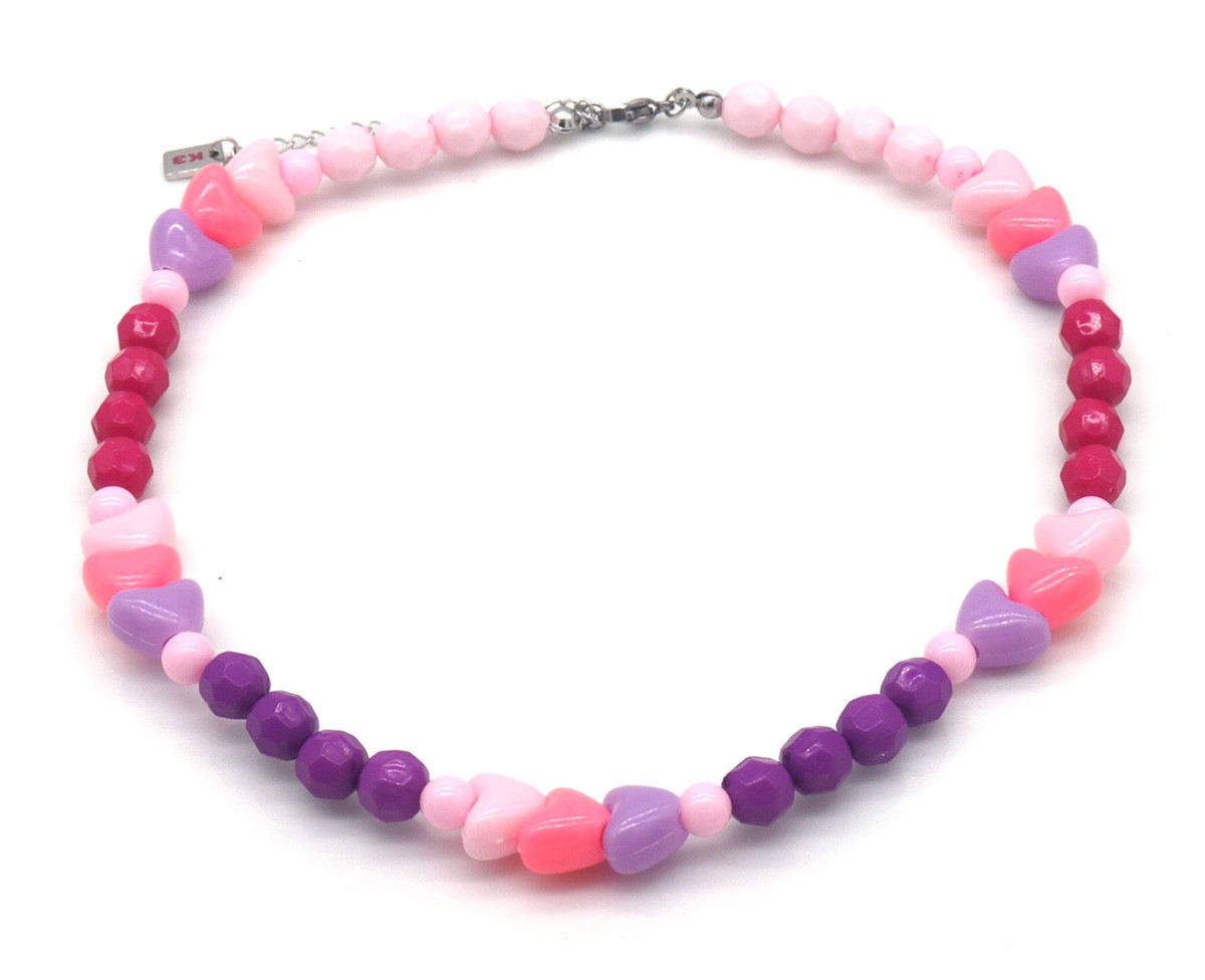 A-E1.2 K3-ZSN030 Bijoux Ketting Roze-Paars met Hartjes