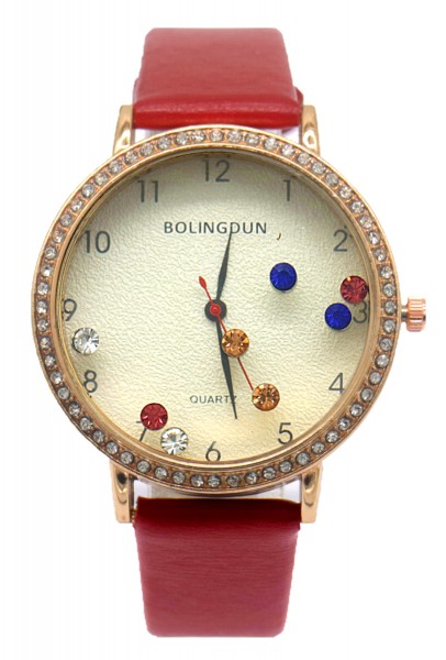 C-E20.3 W065-144 Quartz Watch PU Strap Floating Crystals Red