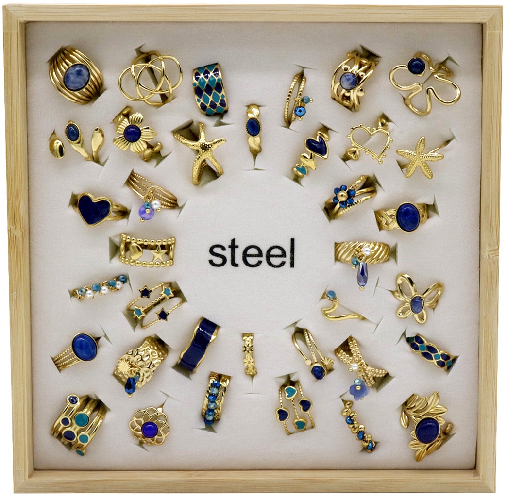 E-E12.2 R1144-006-2 S. Steel Rings Adjustable in Display - 36pcs Blue