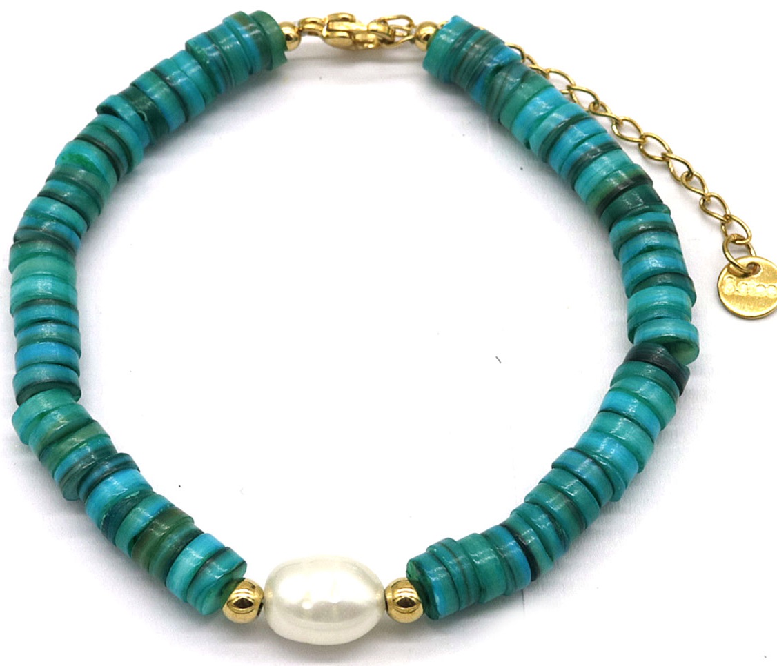 A-B18.5 B626-003 S. Steel Bracelet Shells-Pearl Blue
