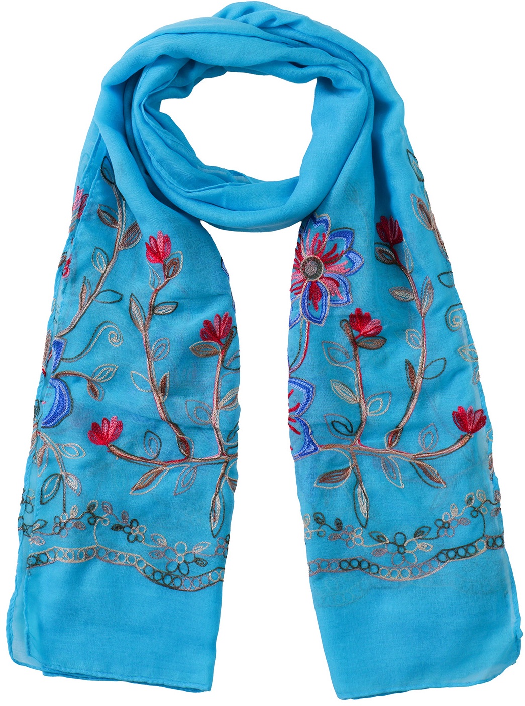 X-Q9.1 SCARF1110-033-6 Scarf Embroidered Flowers 180x70cm - Blue