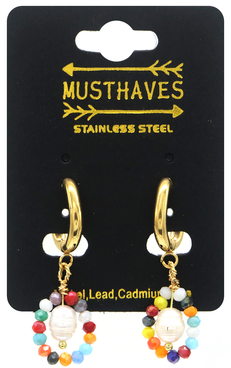 I-D15.1 E026-025G S. Steel Earrings Pearl Glassbeads 3.5cm