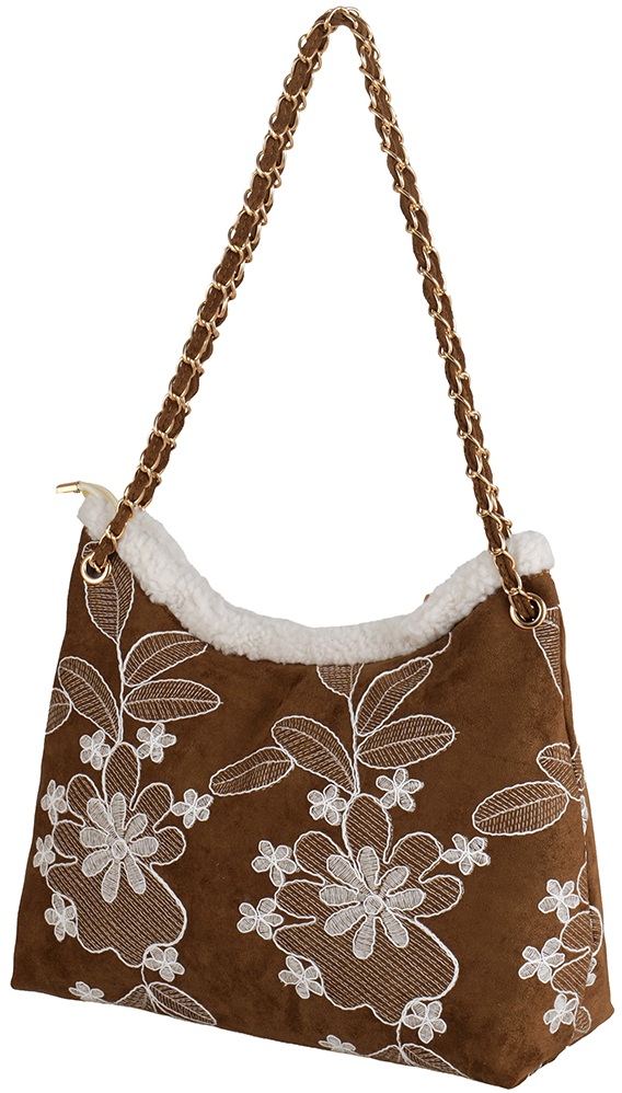 R-L8.2 BAG1021-024-1 PU Bag Embroidered Flowers 40x28x13cm Brown