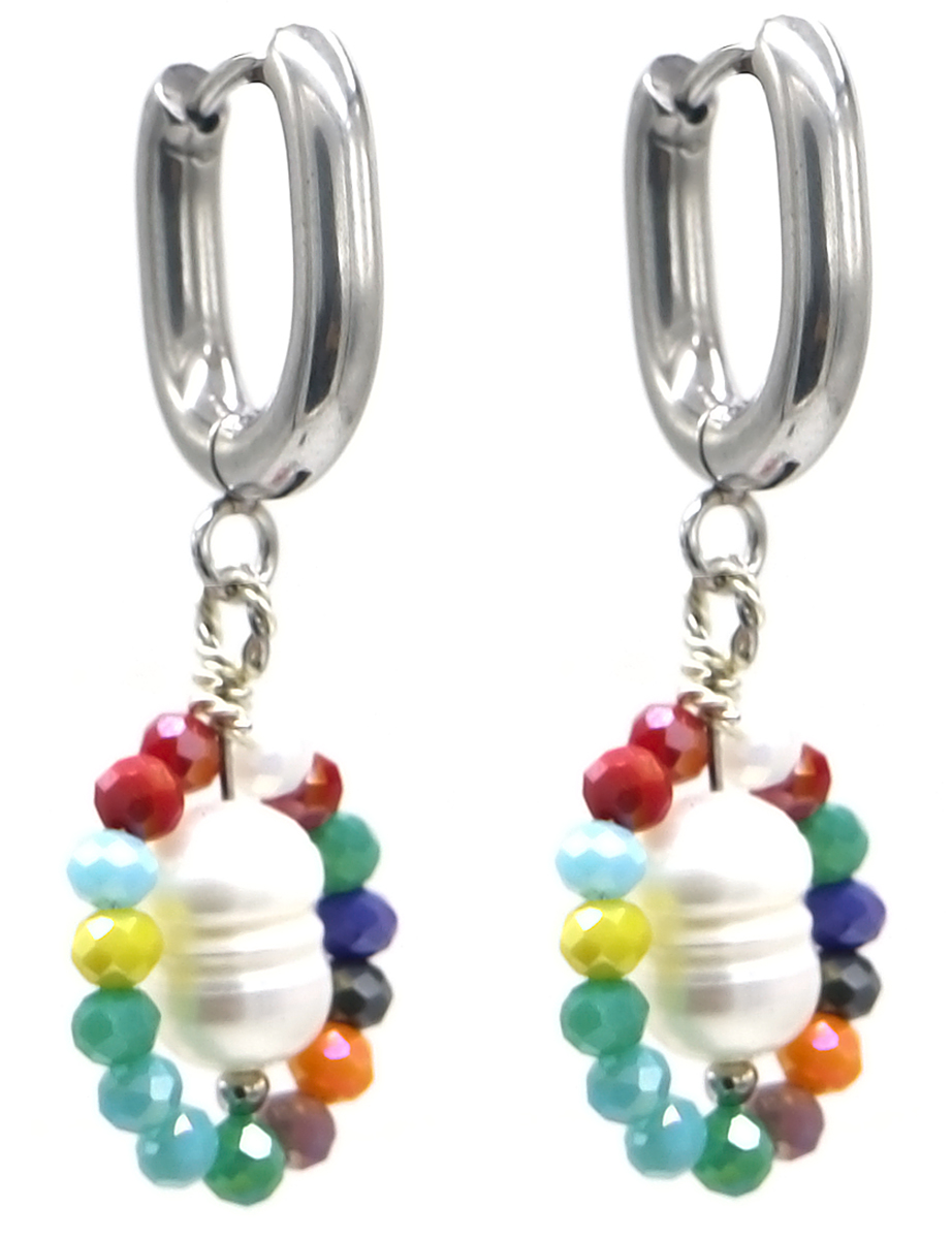 I-D4.2 E026-025S S. Steel Earrings Pearl Glassbeads 3.5cm