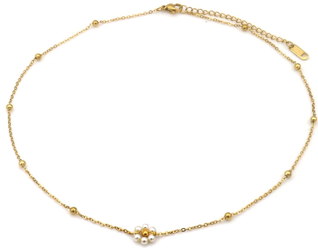 B-E9.1 N2616-010G S. Steel Necklace Flower Pearls 40-45cm