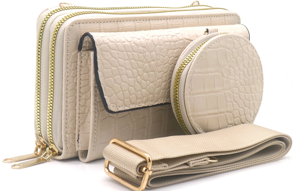 Q-O8.2 BAG1010-003-3 PU Bag Croco with 10cm Wallet 19x11x6.5cm Beige