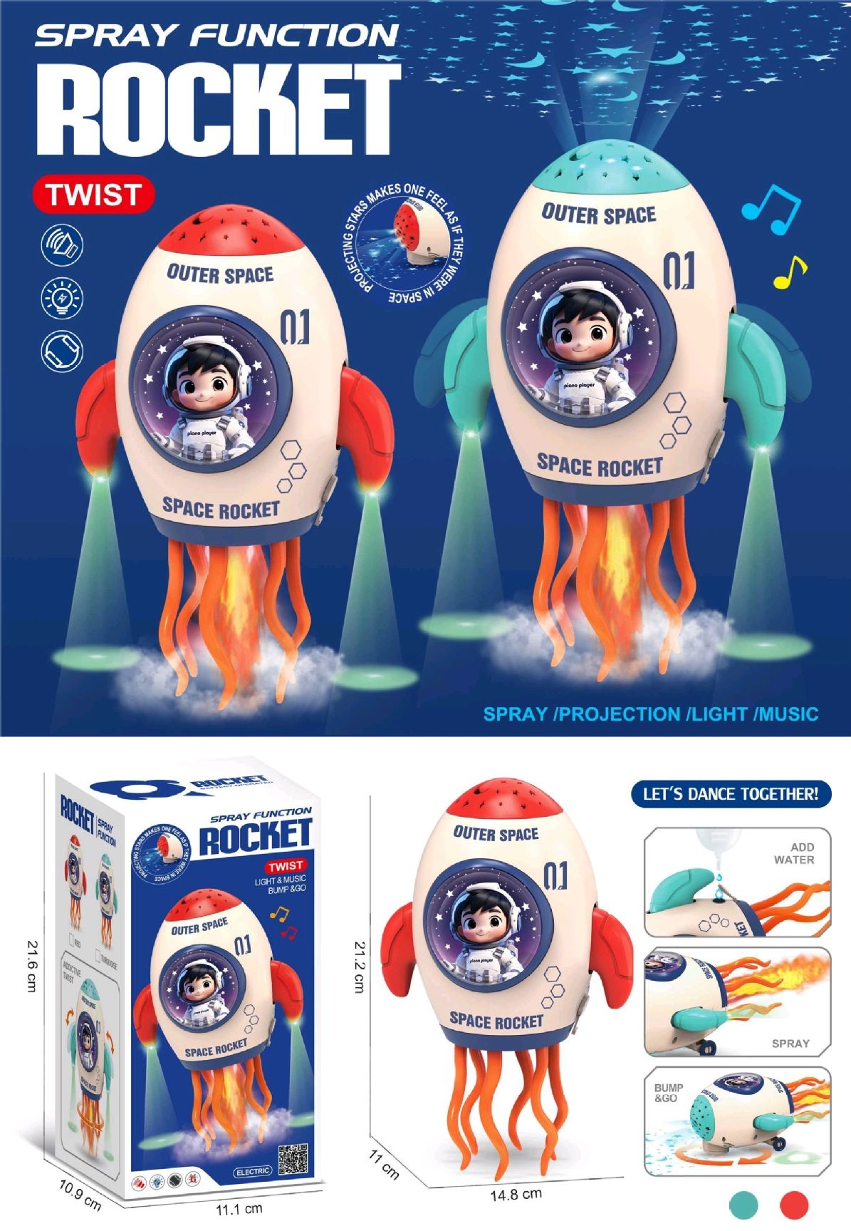 Y-E4.1 TOY1156-003 Rocket - Light -Music - Dancing - Spraying Rocket - 1pc Mixed Colors