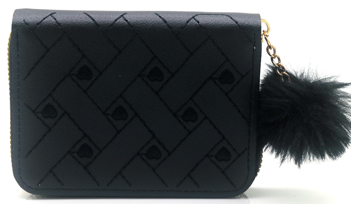 X-L1.2  WA009-011-2 PU Wallet Embroidered Hearts 12x9cm - Black