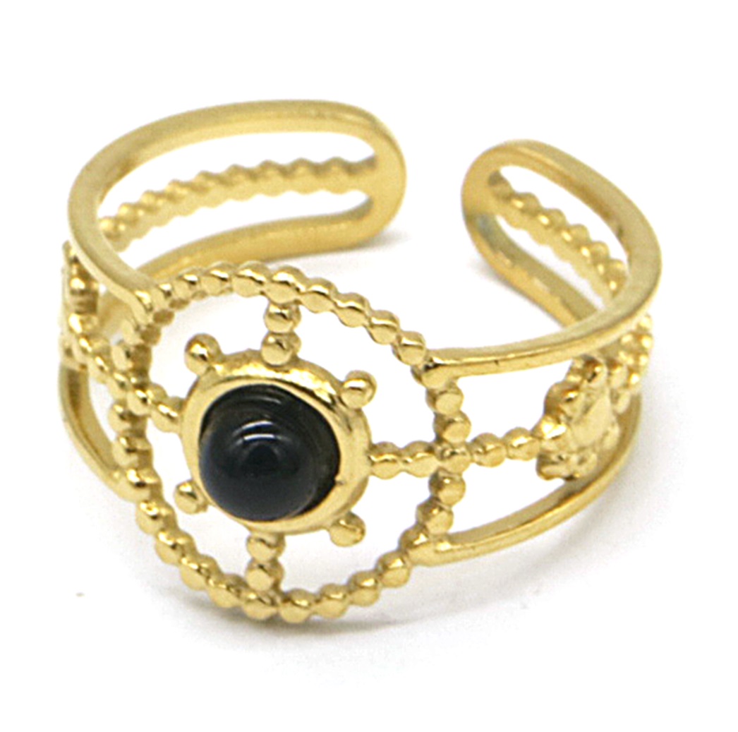 G-C17.2 R221-240G S. Steel Ring Adjustable Black Agate
