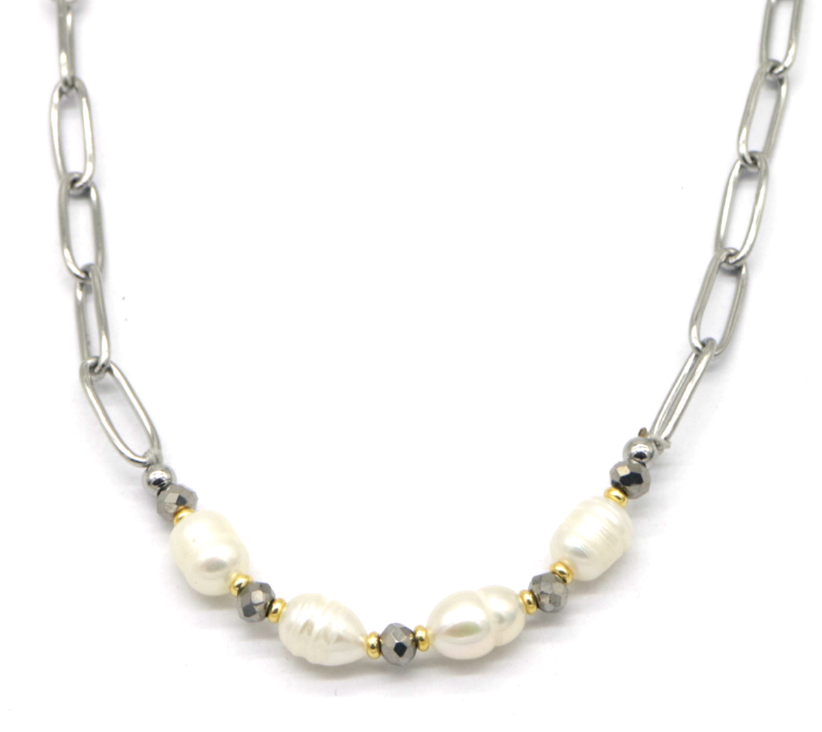 F-E3.3 NA221-111S S. Steel Neckalce Glass Beads -Freshwater Pearls