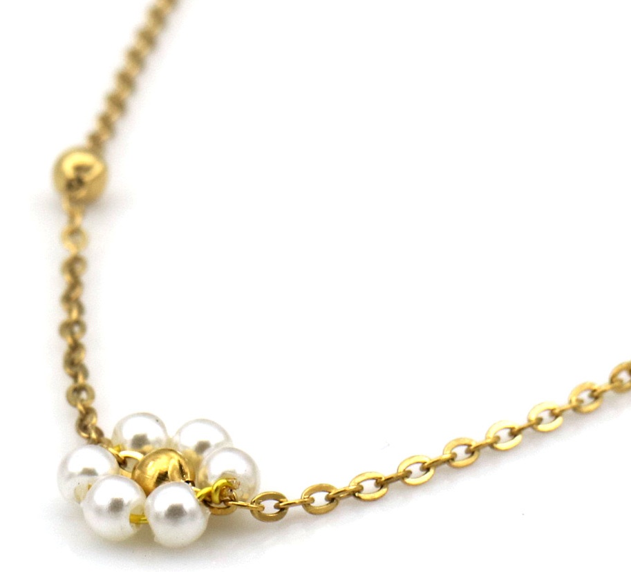 B-E9.1 N2616-010G S. Steel Necklace Flower Pearls 40-45cm
