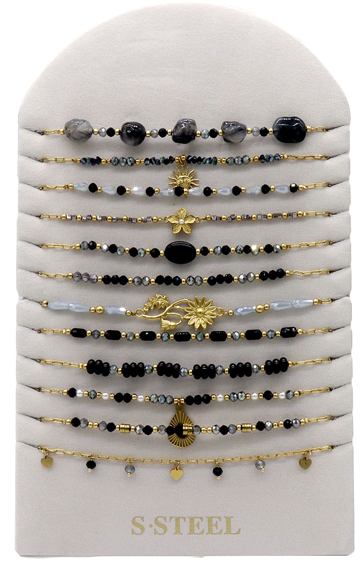 X-G1.1 N1144-007-5 S. Steel Necklace Set on Display - 12pcs Black