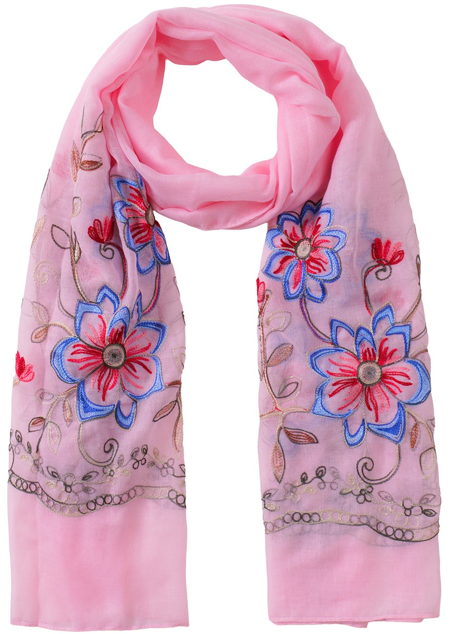 X-O5.1 SCARF1110-033-4 Scarf Embroidered Flowers 180x70cm - Pink