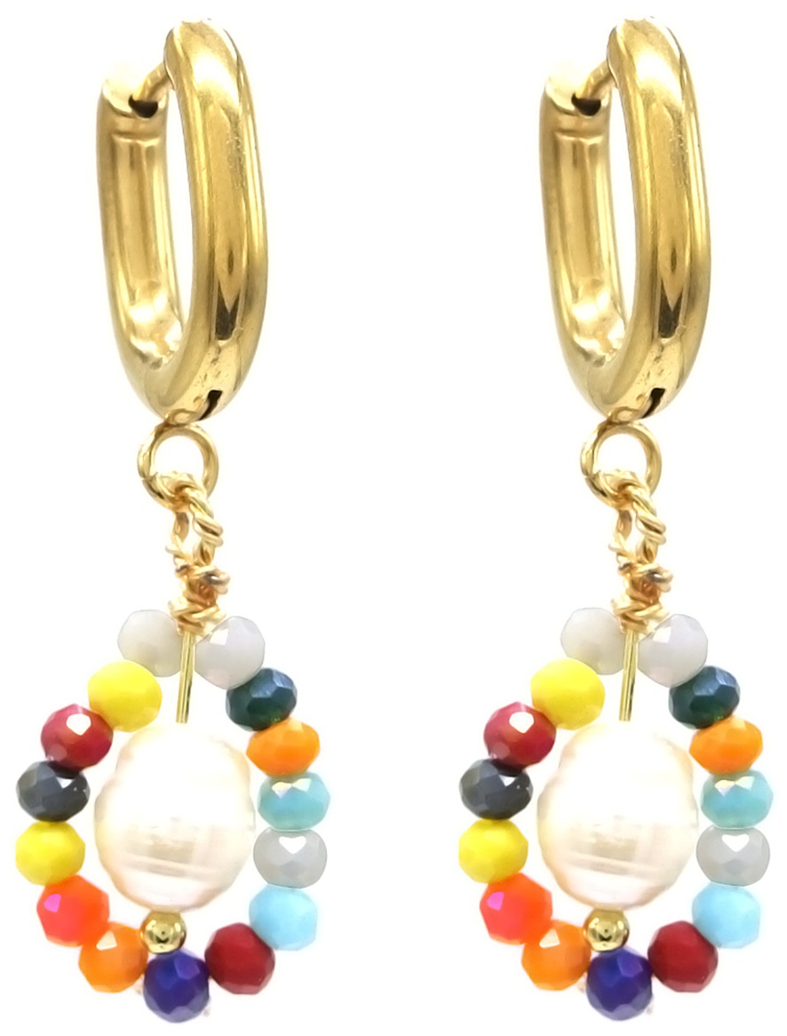I-D15.1 E026-025G S. Steel Earrings Pearl Glassbeads 3.5cm