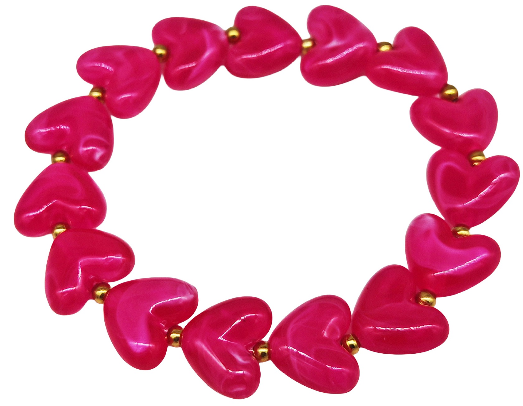 H-F19.2 B1144-006-6  Elastic Bracelet Hearts S. Steel Beads - Fuchsia