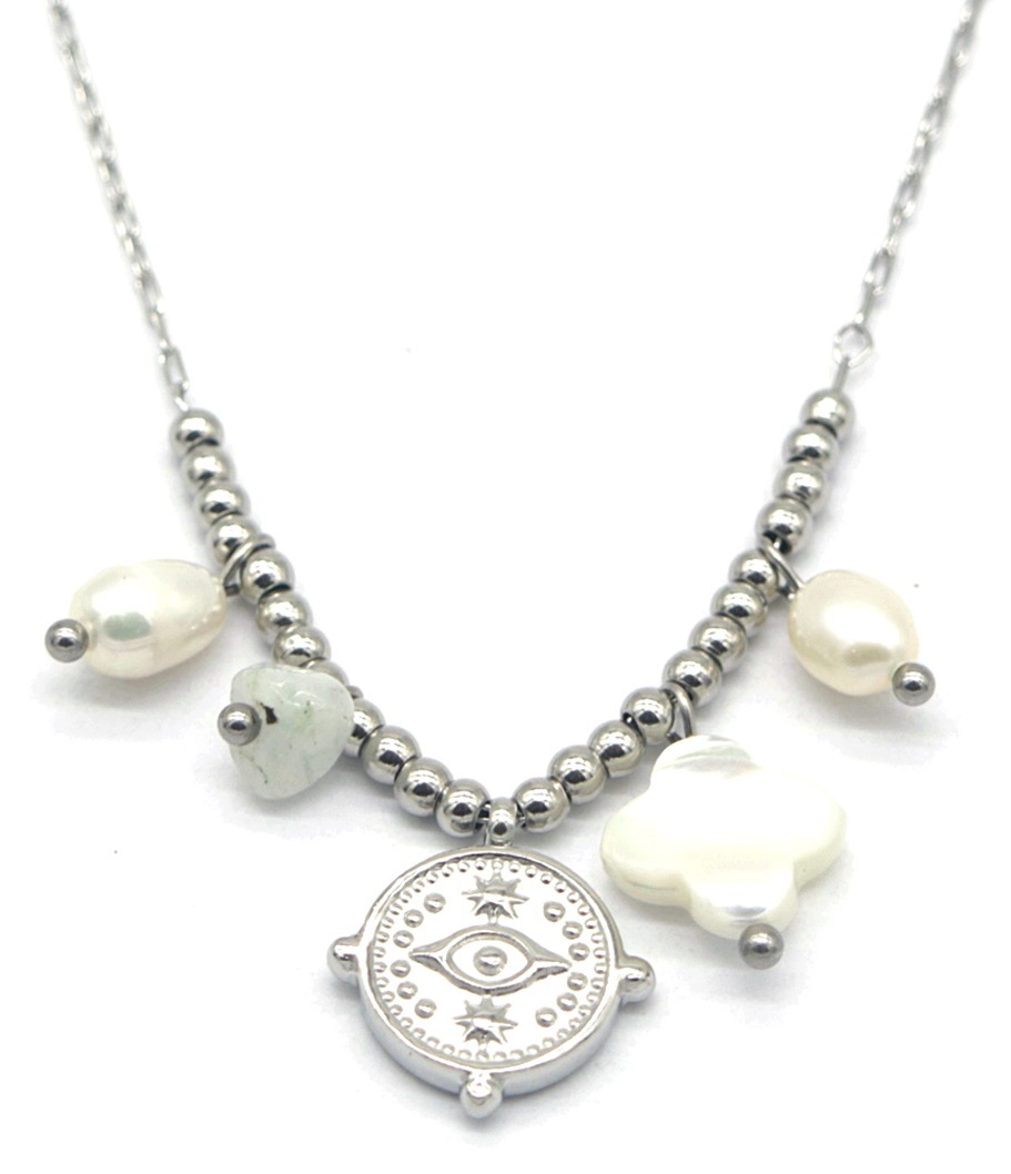 D-C23.1 N031-006S S. Steel Necklace Pearls-Stones-Coin