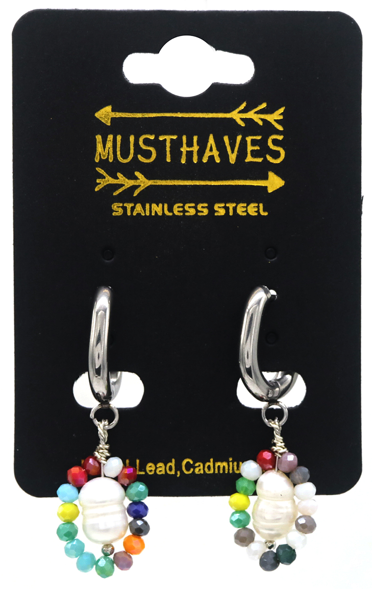 I-D4.2 E026-025S S. Steel Earrings Pearl Glassbeads 3.5cm